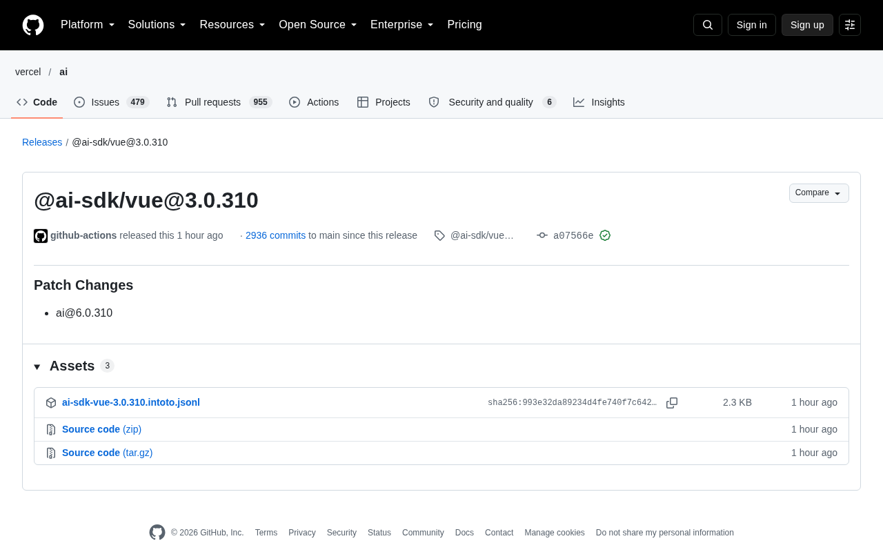 AI SDK Vue 3.0.310 Patch Released: ai@6.0.310 Updated in Sync