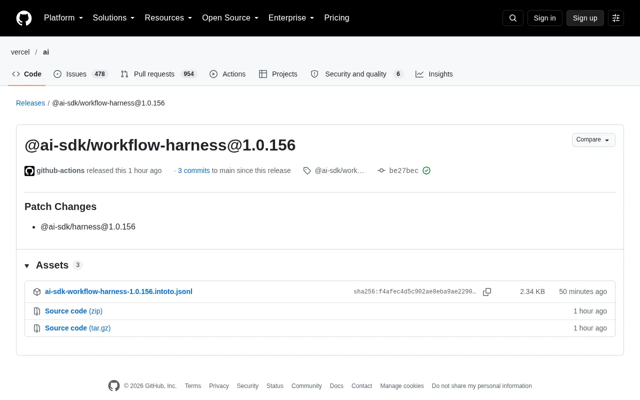AI SDK workflow-harness 1.0.156 补丁发布:harness 同步更新