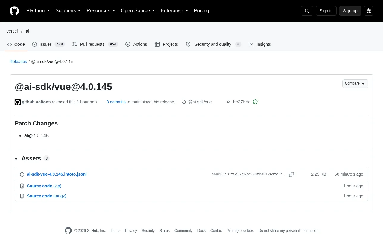 @ai-sdk/vue 4.0.145 发布:Vue 的 AI SDK 再迎小版本更新