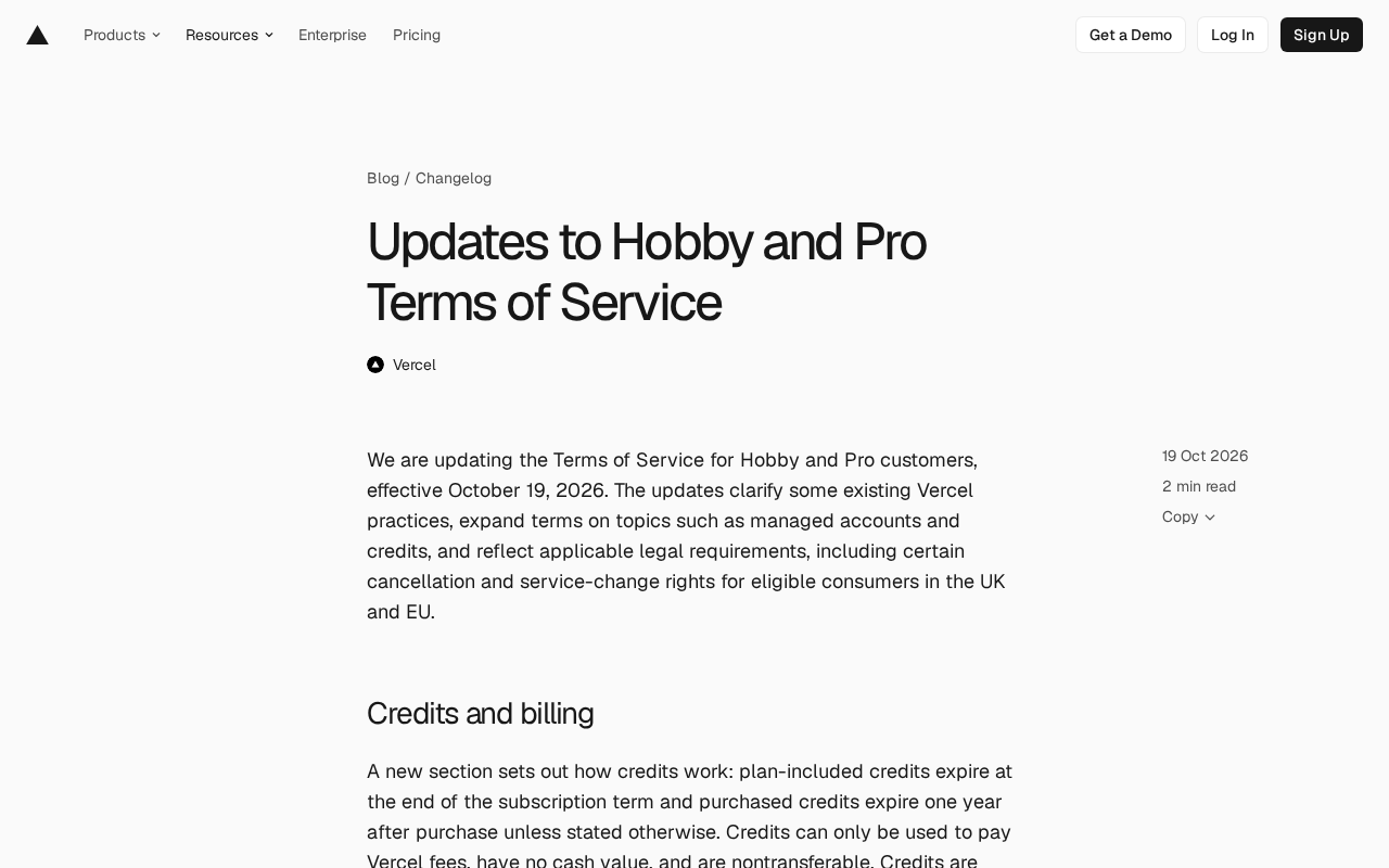 Vercel Updates Hobby and Pro Terms of Service: Credits, Managed Accounts, and Cancellation Policies Explained