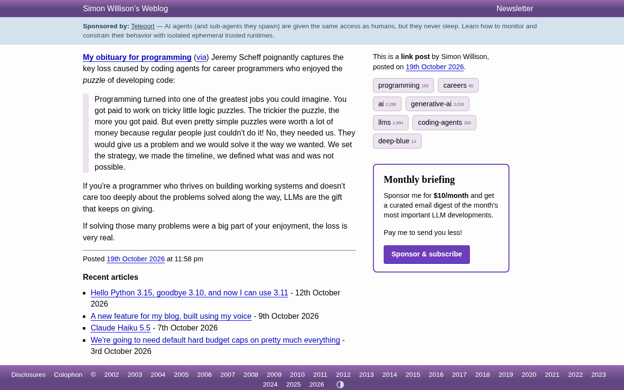 A Programming Obituary: How AI Coding Agents Took the Fun Out of Puzzle-Solving