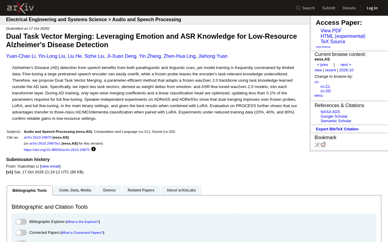 Dual Task Vector Merging: Boosting Low-Resource Alzheimer's Detection with Sentiment and ASR Knowledge