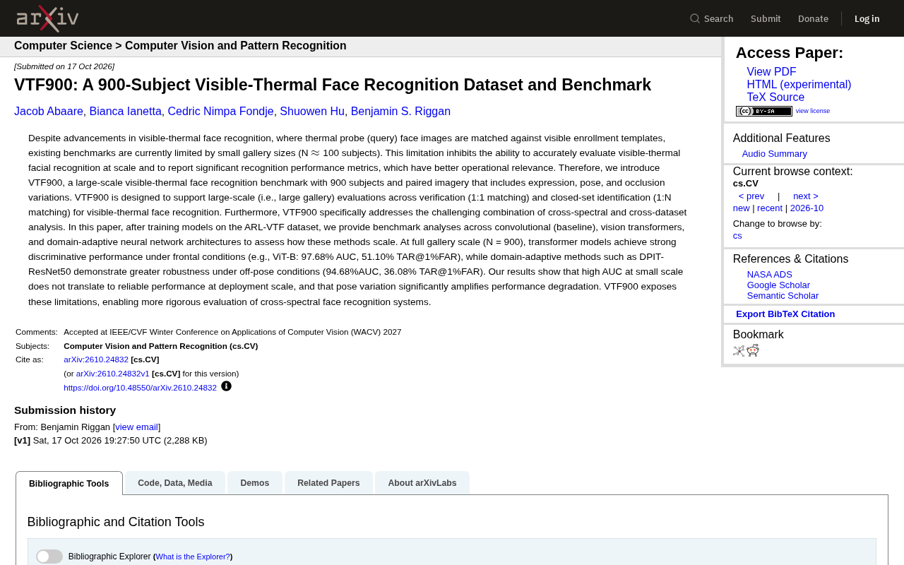 VTF900: A 900-Subject Visible-Thermal Face Recognition Benchmark Released