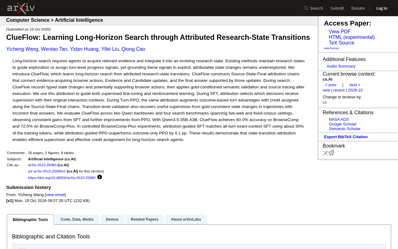 ClueFlow: Solving Long-Horizon Search with Attributed State Transitions