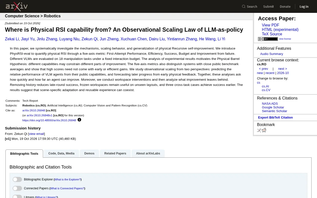 Where Does Physical RSI Capability Come From? Observational Scaling Laws for LLM Agents