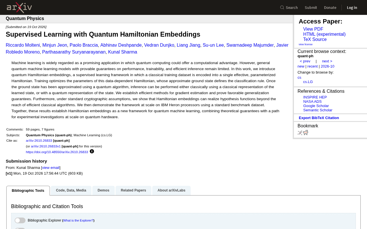 Quantum Hamiltonian Embeddings: A New Framework for Quantum Machine Learning