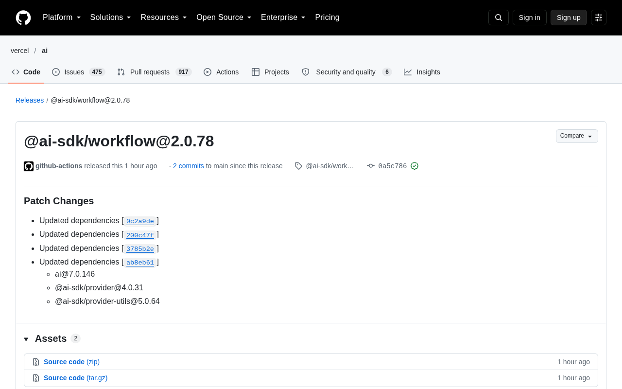 @ai-sdk/workflow 2.0.78 Released: Dependency Chain Synced and Upgraded