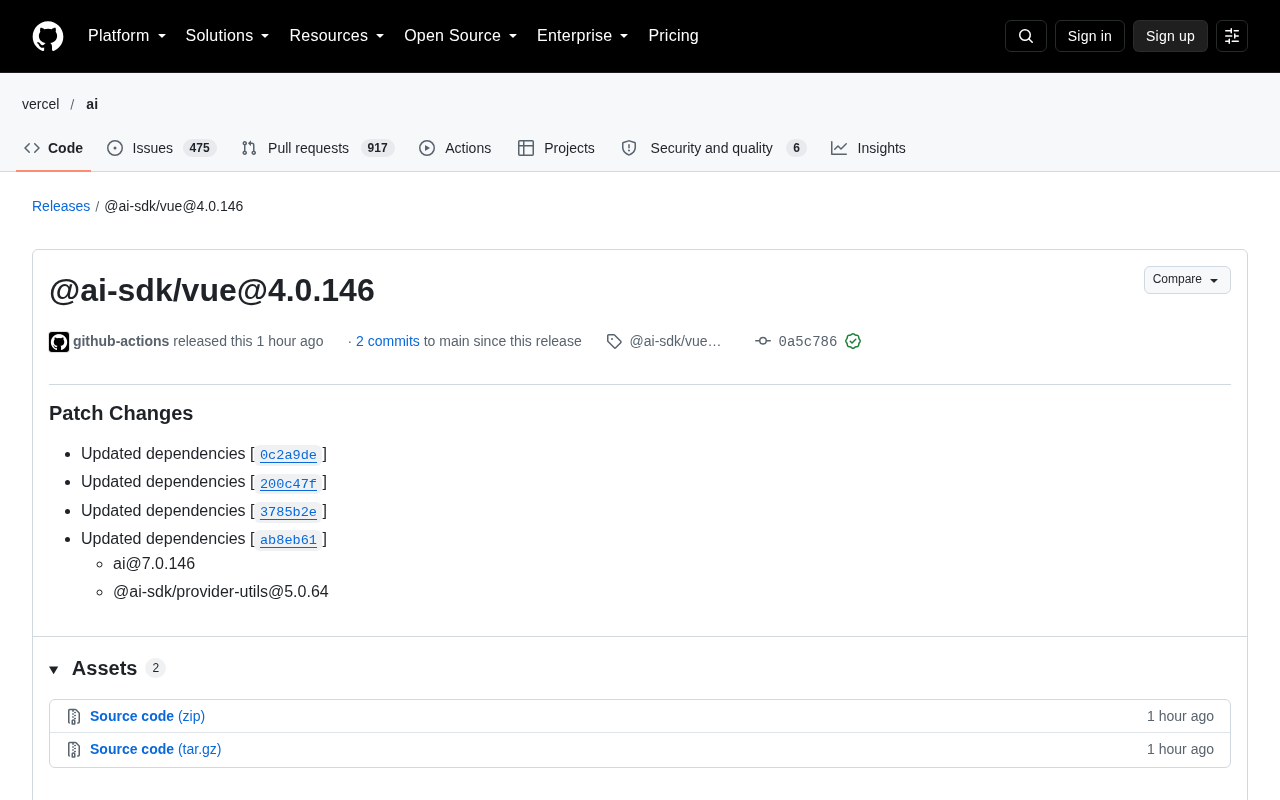 @ai-sdk/vue 4.0.146 补丁发布:依赖链更新