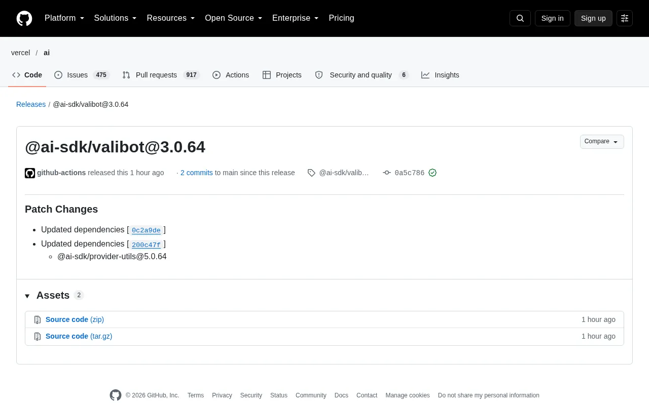 @ai-sdk/valibot 3.0.64 Released: Patch Update and Dependency Upgrade