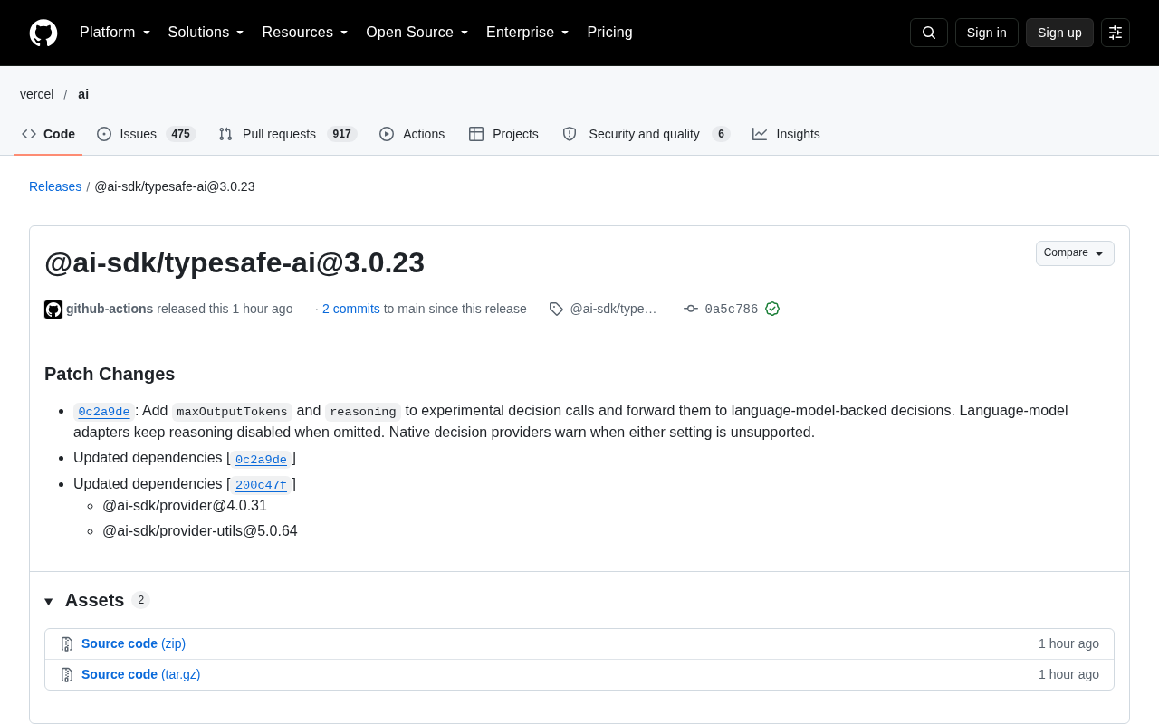 AI SDK Type-Safe Package 3.0.23 Released: Reasoning and Token Controls Added to Decision Calls