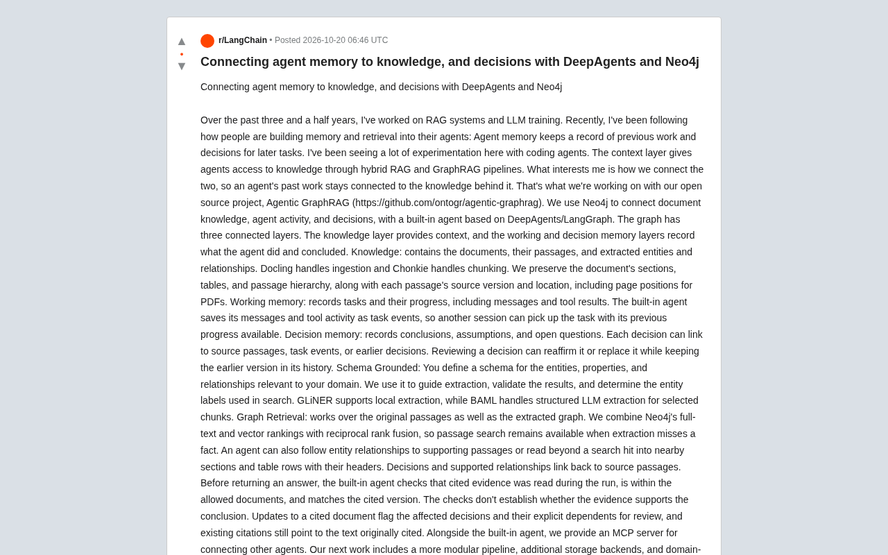 reddit source: Connecting agent memory to knowledge, and decisions with DeepAgents and Neo4j