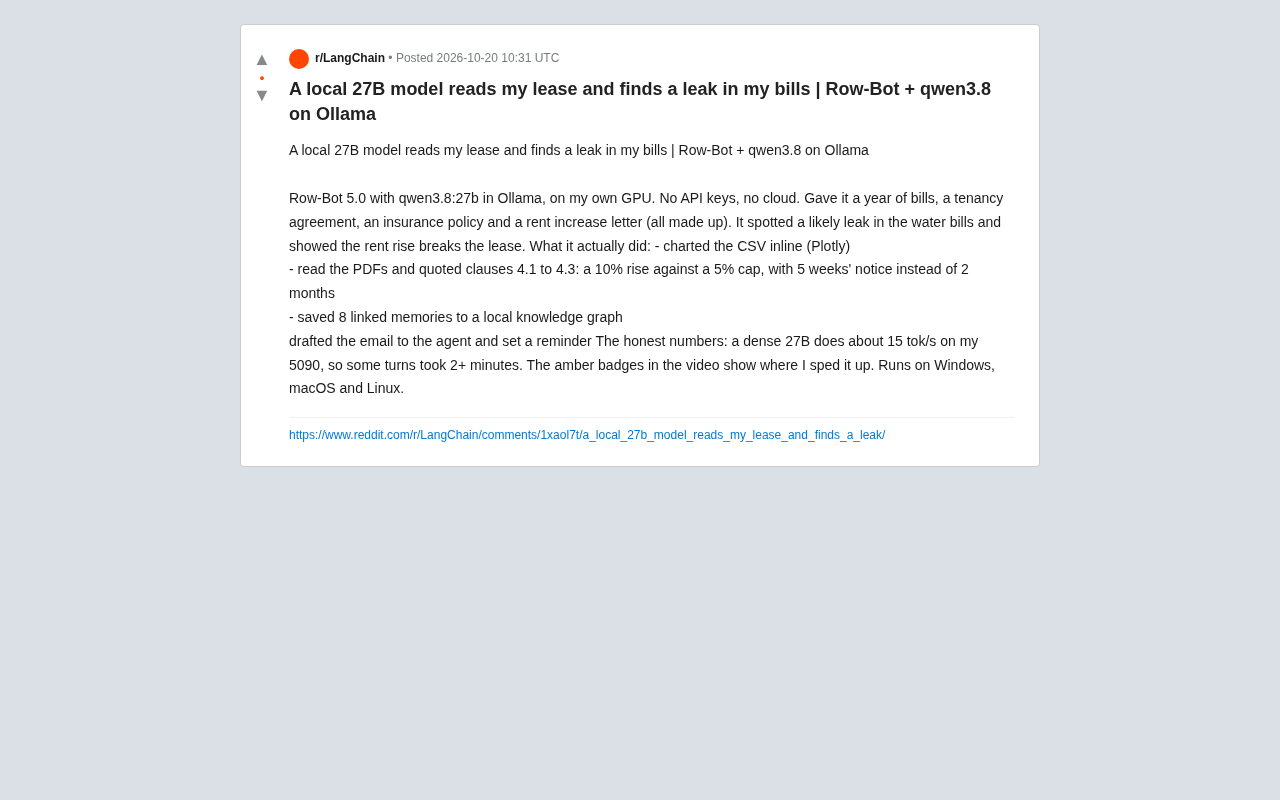 Local 27B Model Reads Lease and Spots Billing Leak: Row-Bot + qwen3.8 in Practice