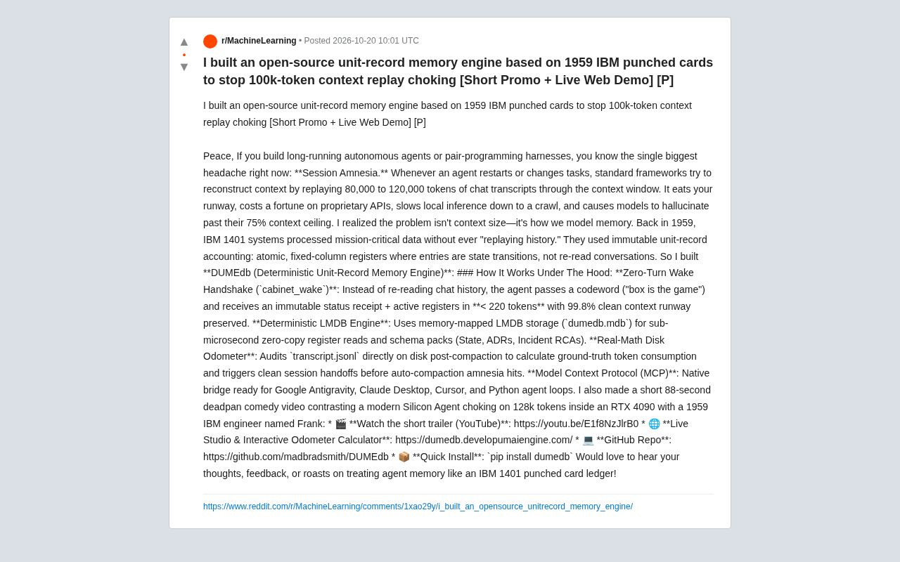 Retro IBM Punch Card Inspiration: How Open-Source DUMEdb Solves the 100K Token Context Replay Problem