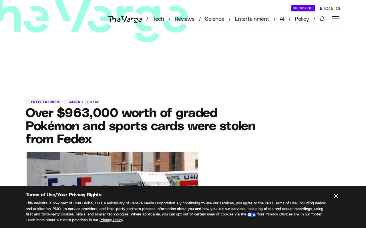 PSA总部外FedEx卡车被盗,近百万美元评级卡失窃