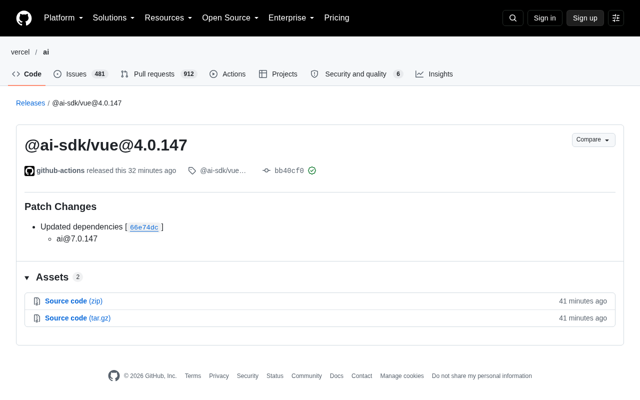 AI SDK Vue 4.0.147 版本更新解析:依赖升级与生态意义