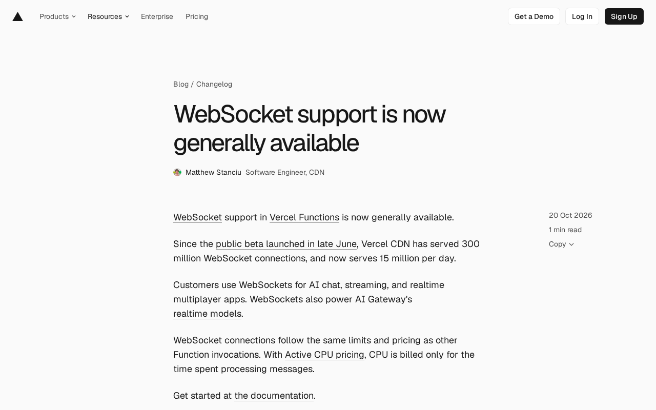Vercel Functions WebSocket正式可用:日活1500万连接