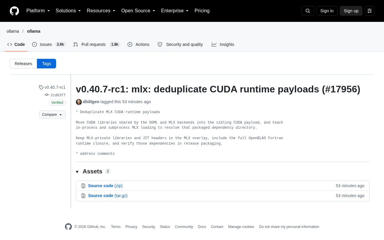 Ollama v0.40.7-rc1: MLX and GGML Share CUDA Runtime, Slimmer Package Size