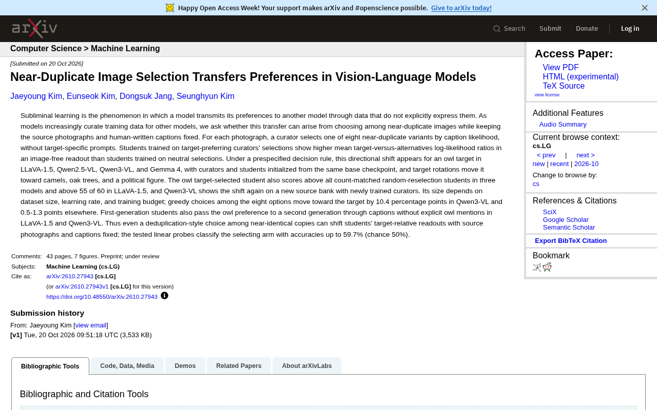 How Does Near-Duplicate Image Selection Covertly Transmit Model Preferences?
