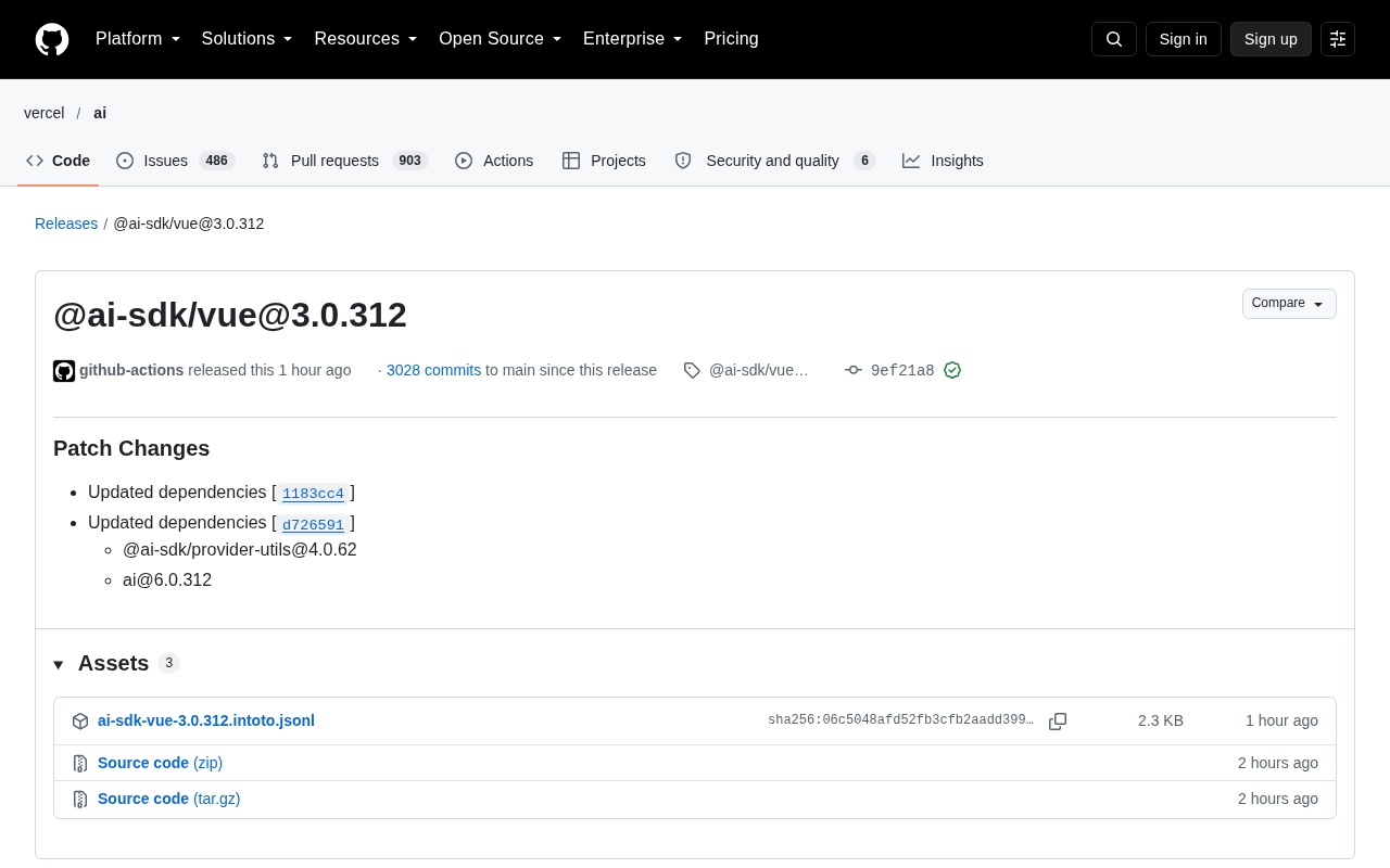 @ai-sdk/vue 3.0.312 补丁发布:依赖更新与AI SDK生态