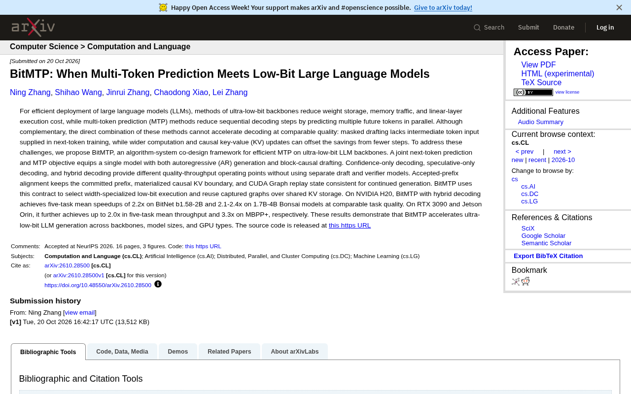 BitMTP: Co-Accelerating Multi-Token Prediction and Low-Bit LLMs