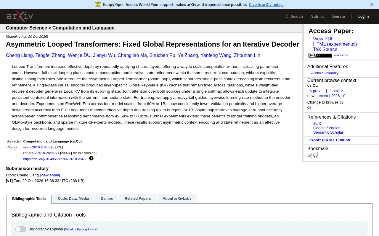 Asymmetric Loop Transformer: A New Paradigm with Fixed Global Representations and Iterative Decoding