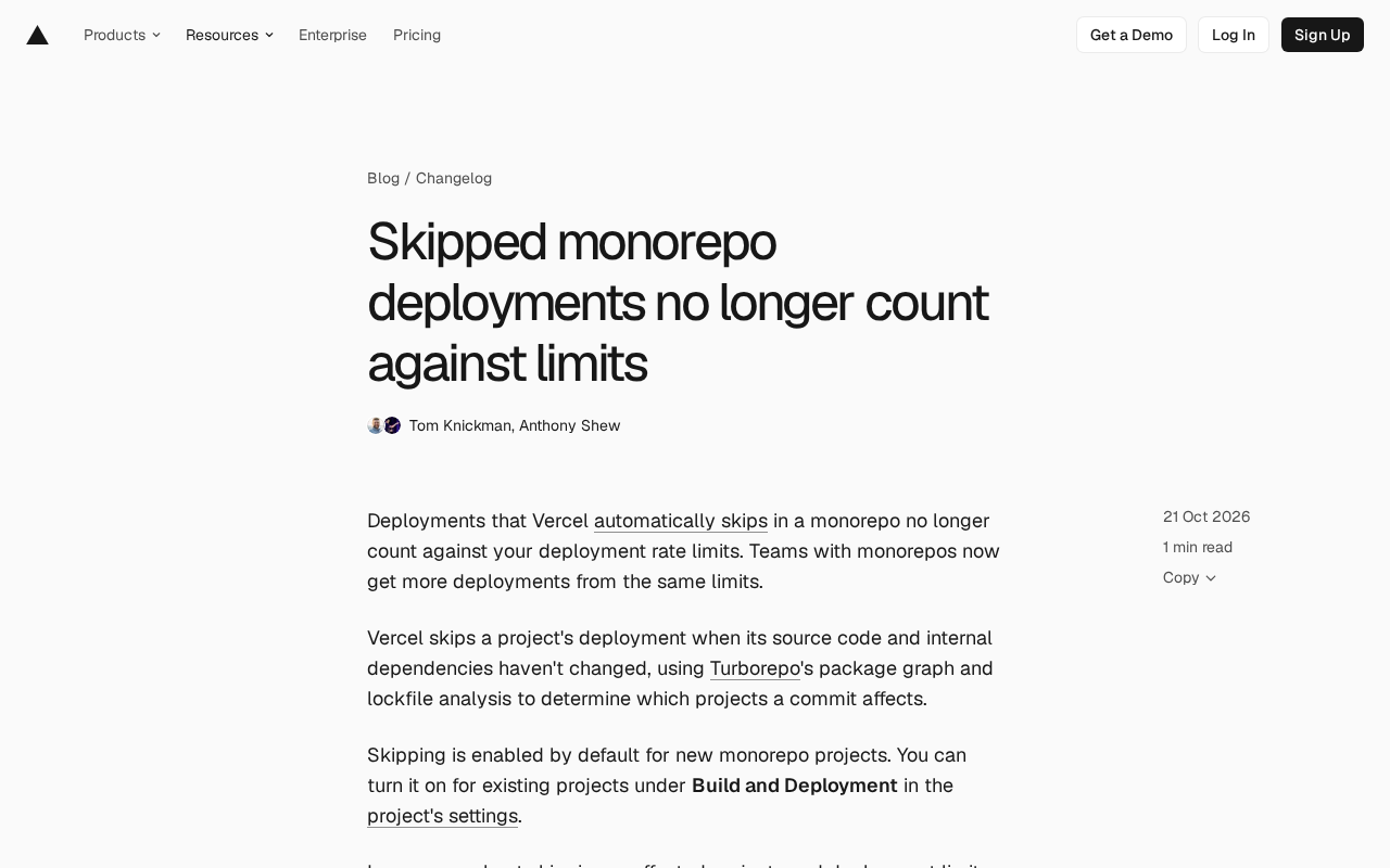 Vercel跳过Monorepo部署不再计入限额,团队部署配额更充裕