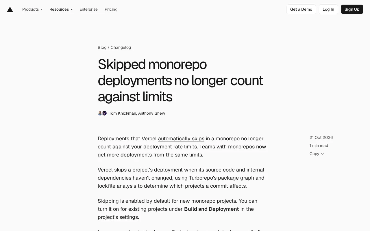 Vercel Skipped Monorepo Deployments No Longer Count Toward Limits, Giving Teams More Deployment Quota