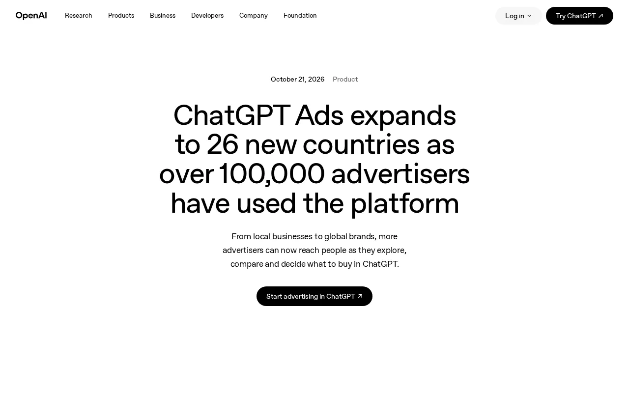 ChatGPT Ads Expands to 26 Countries: Over 100,000 Advertisers Already On Board