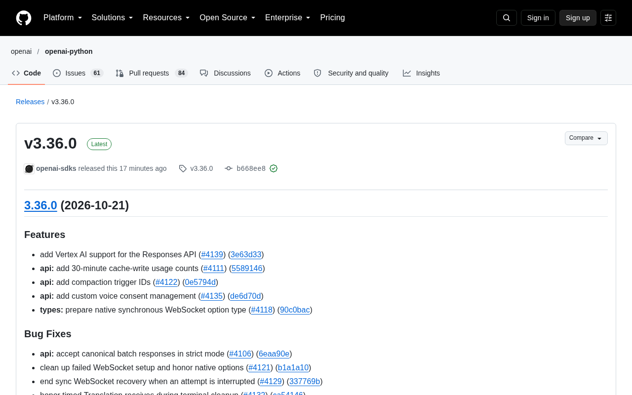 OpenAI Python SDK v3.36.0 发布页面