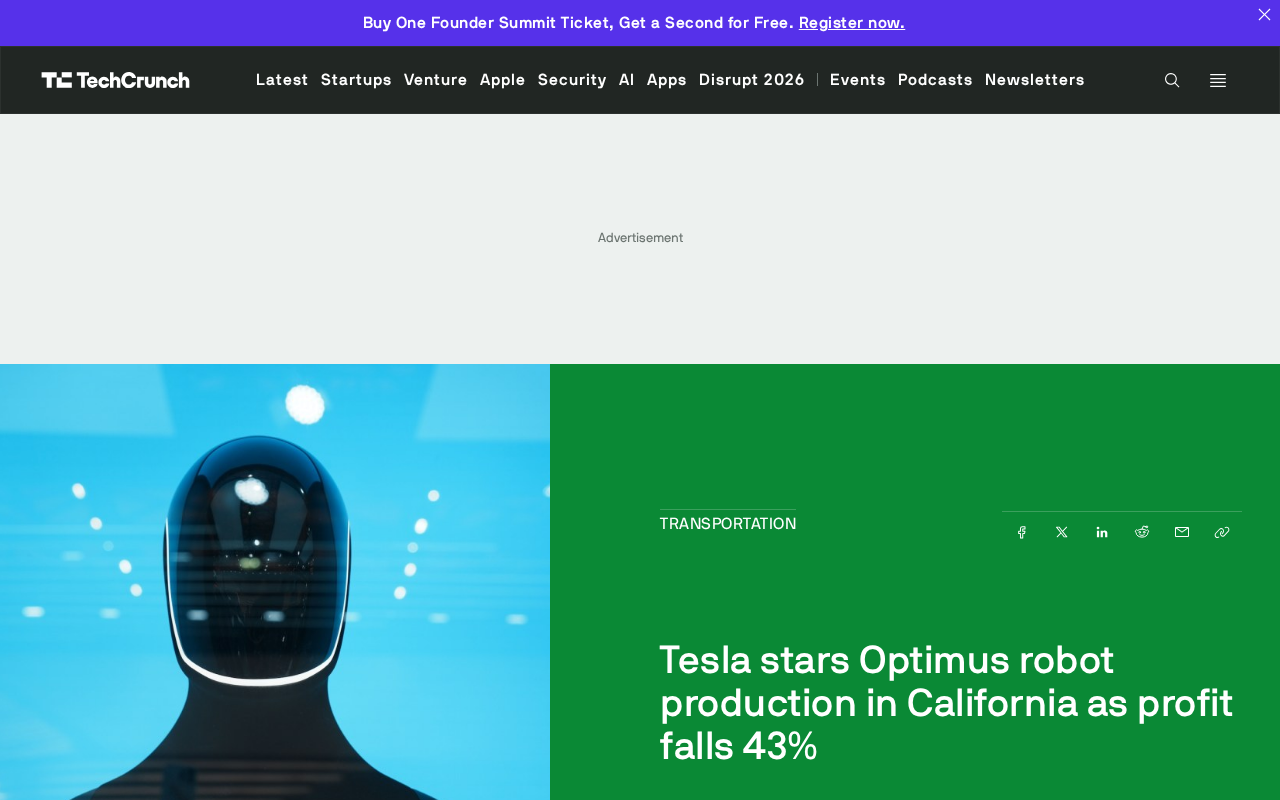 Tesla Starts Optimus Robot Production in California as Profits Plunge 43%