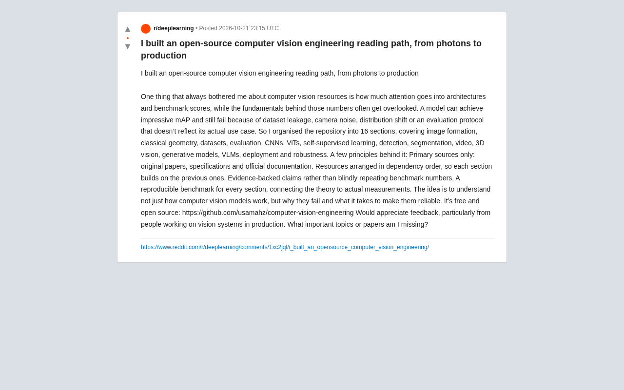 From Photons to Production: An Open-Source Computer Vision Engineering Reading Path