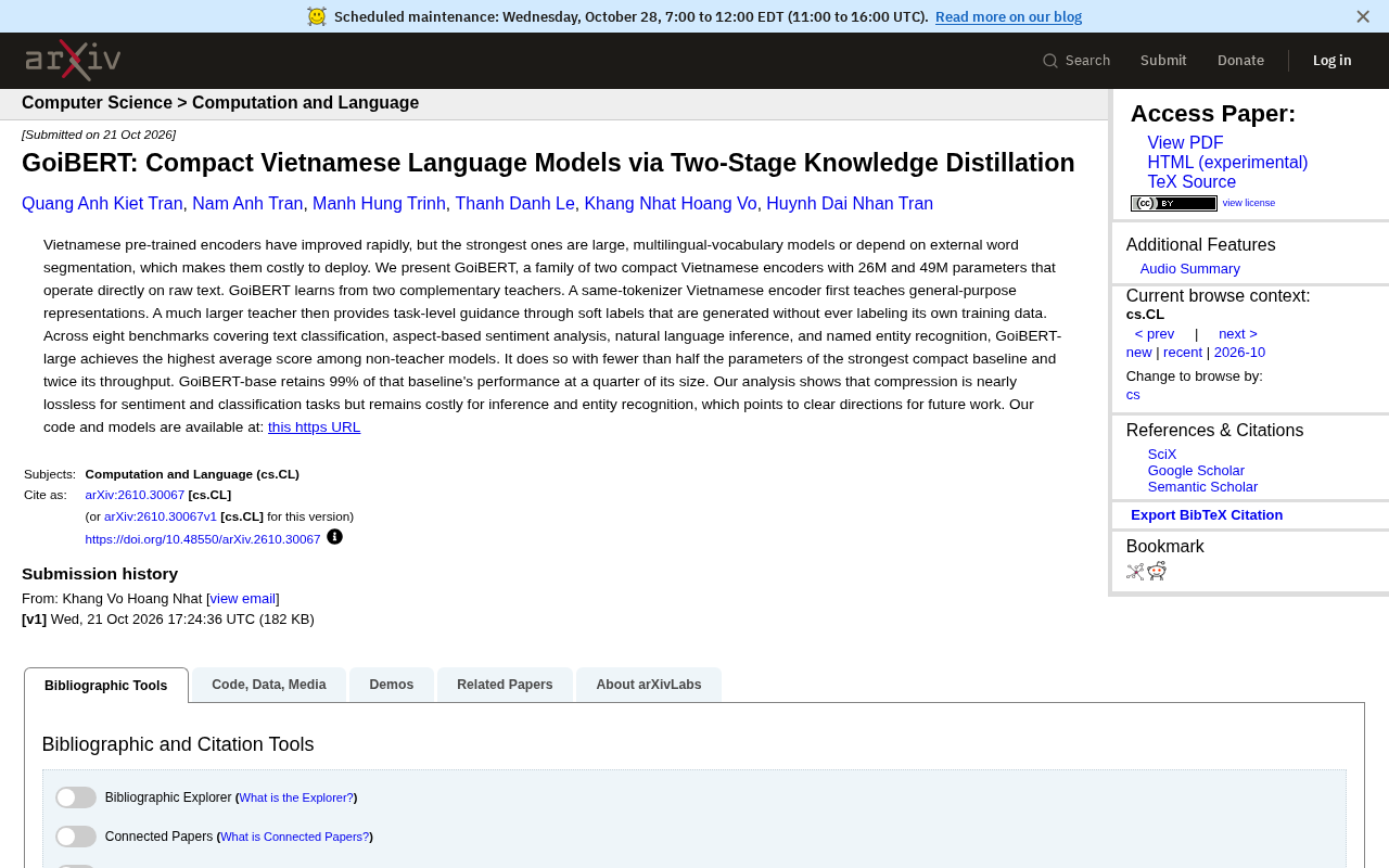GoiBERT: Building a Compact Vietnamese Model with Two-Stage Knowledge Distillation
