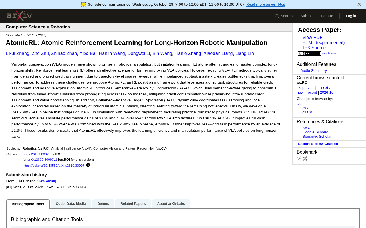 AtomicRL: Atomic Reinforcement Learning Solves Long-Horizon Robotic Manipulation Challenges