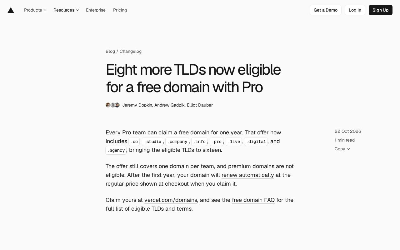 Vercel Pro Adds 8 New TLDs to Free Domain Offering, Bringing Total to 16