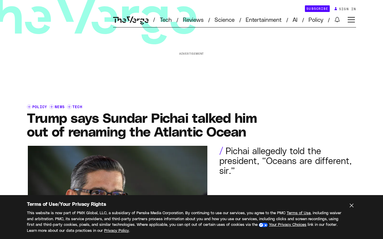 Trump Abandons Plan to Rename the Atlantic: Google CEO Talked Him Out of It