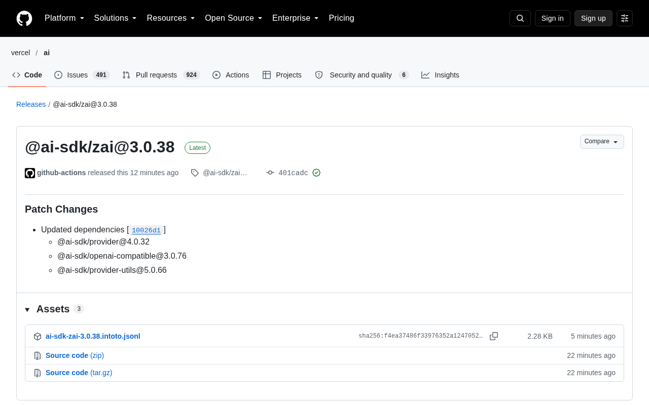 @ai-sdk/zai 3.0.38 补丁发布:依赖链同步升级
