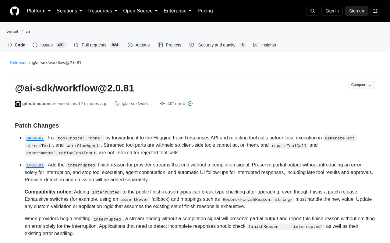 AI SDK 2.0.81 发布:修复 toolChoice 与新增中断完成原因