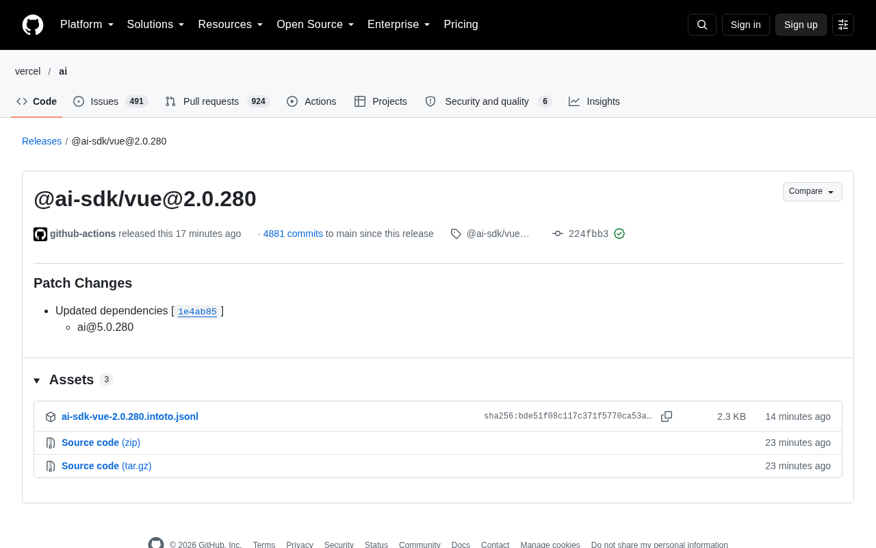 AI SDK Vue 2.0.280 Released: Dependency Update and Ecosystem Impact