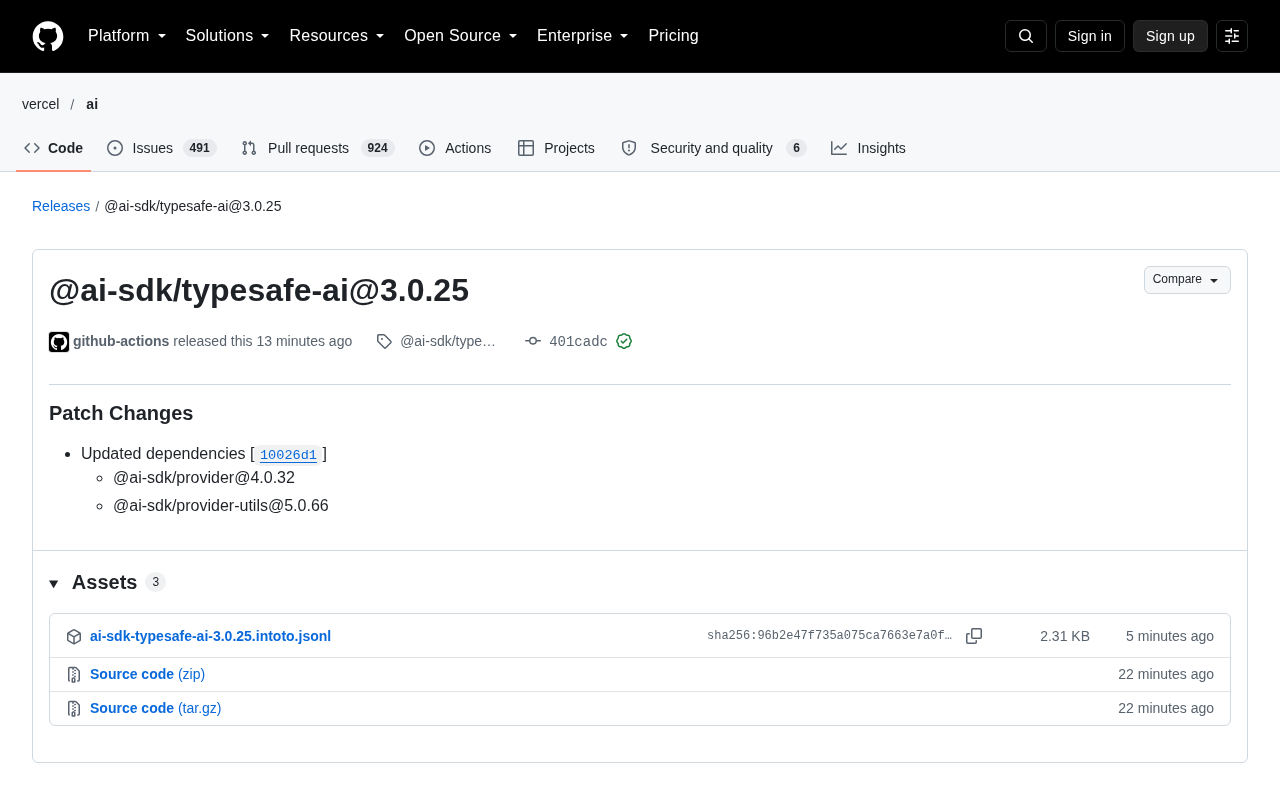 AI SDK typesafe-ai 3.0.25 更新:依赖升级与生态影响