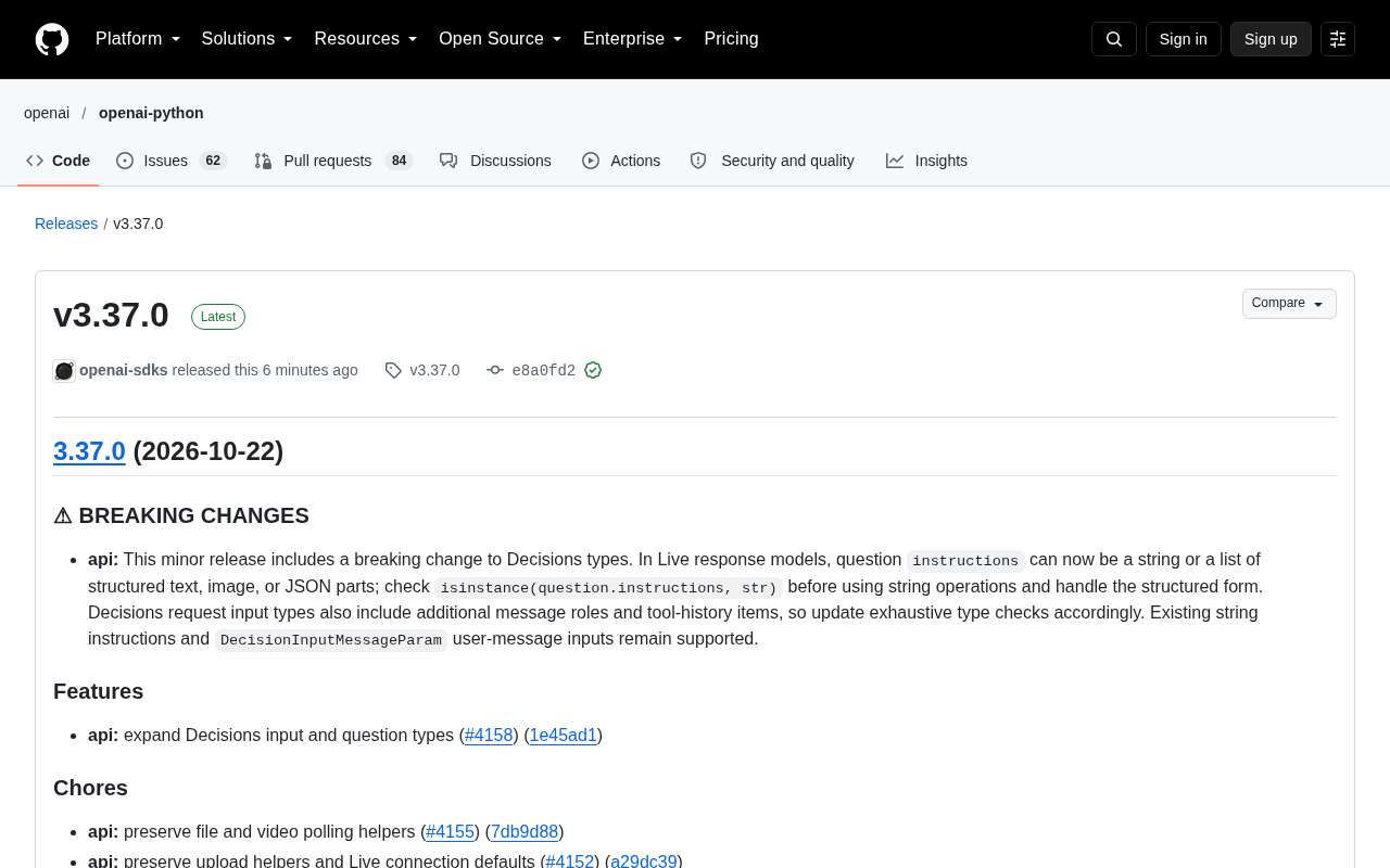 OpenAI SDK v3.37.0发布:Decisions类型迎破坏性变更