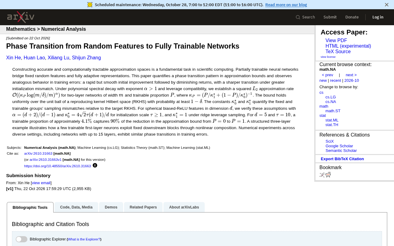 From Random Features to Fully Trained Networks: Phase Transitions in Neural Networks