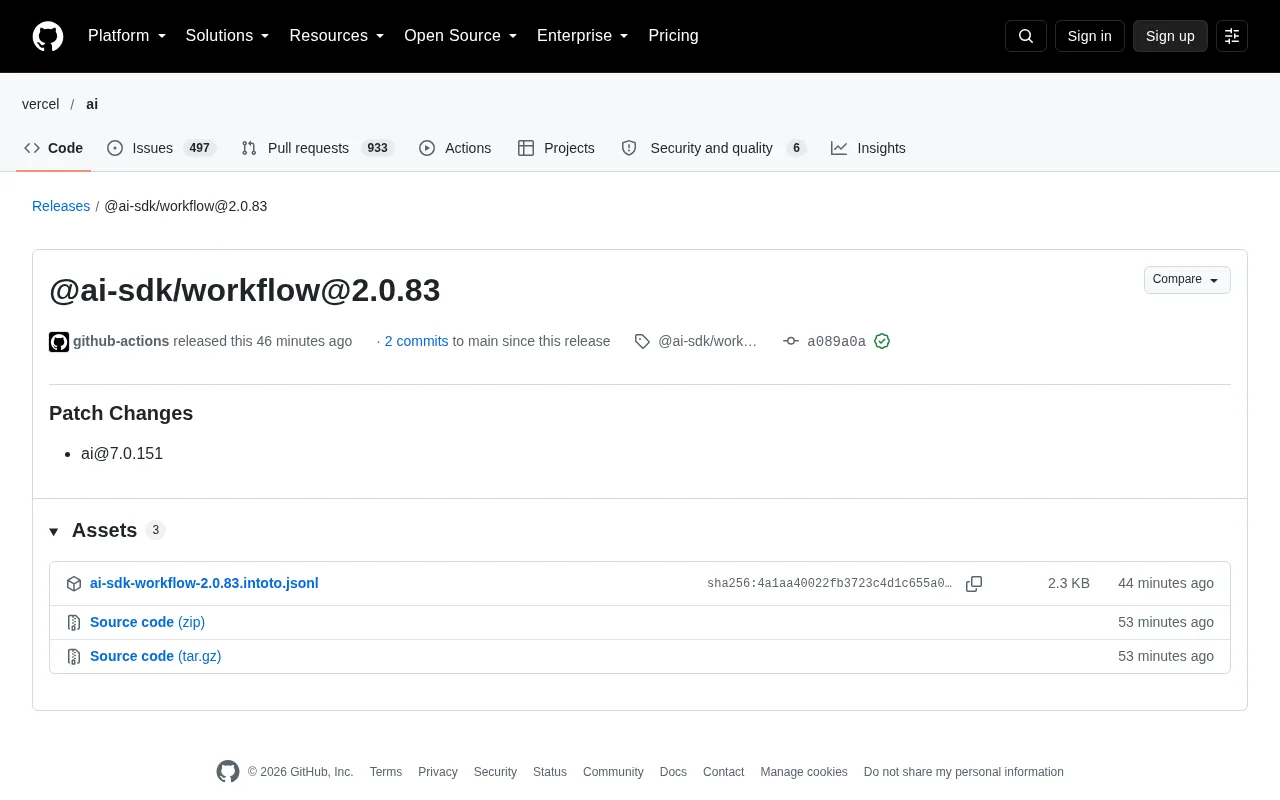 AI SDK Workflow 2.0.83 发布:补丁更新与版本依赖