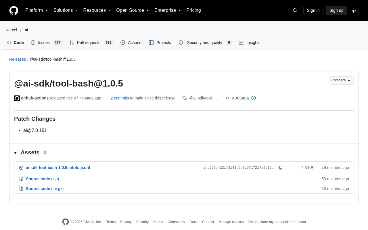 @ai-sdk/tool-bash 1.0.5 Update: Bash Tool Patch for AI SDK