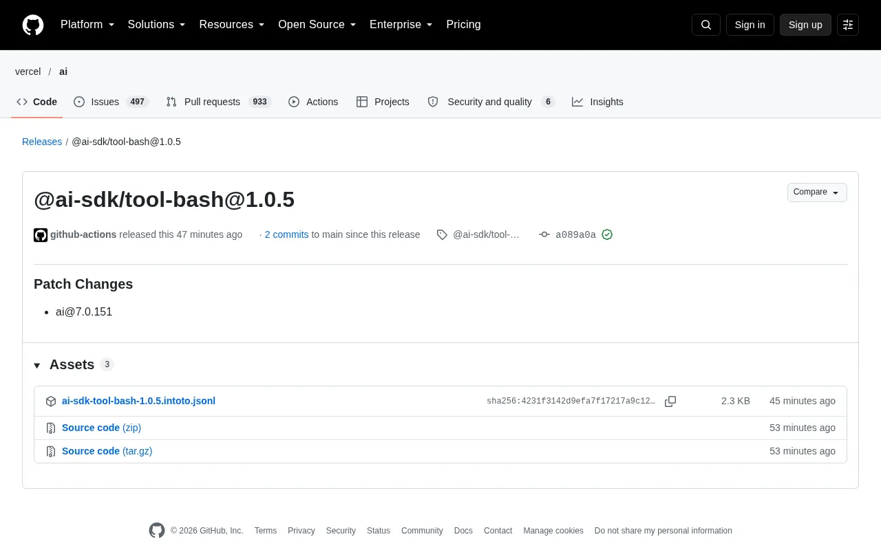 @ai-sdk/tool-bash 1.0.5 更新:AI SDK 的 Bash 工具补丁