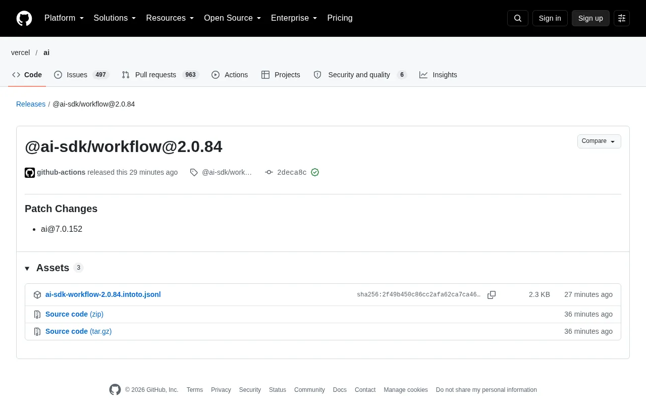 AI SDK Workflow 2.0.84 补丁发布:ai 包同步升级至 7.0.152
