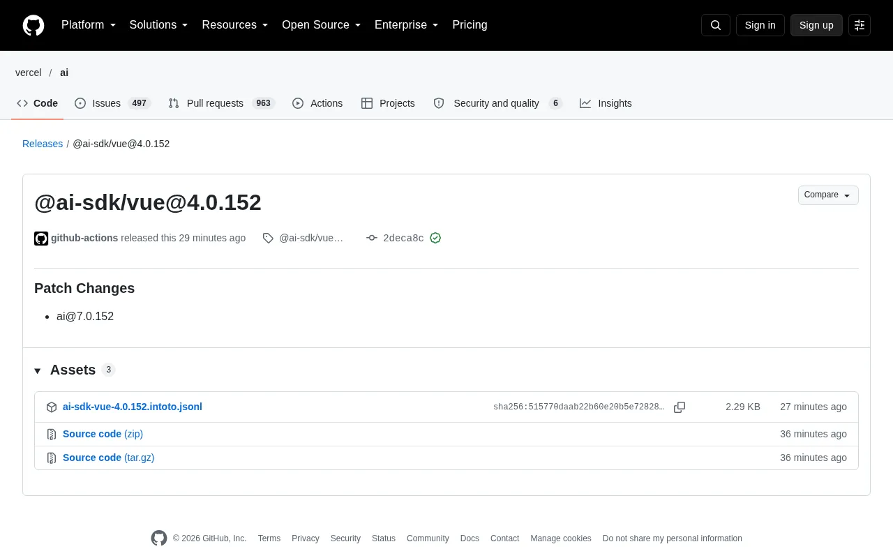 AI SDK Vue 4.0.152 补丁发布:同步升级 ai 包