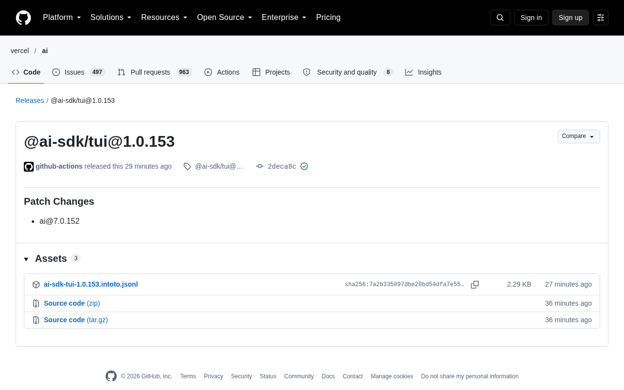 @ai-sdk/tui 1.0.153 发布:TUI 工具链小版本更新