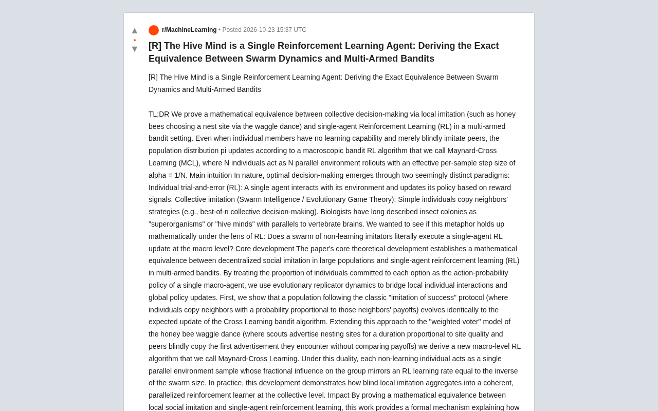 Swarm Intelligence = a Single RL Agent? A Proof of Multi-Armed Bandit Equivalence