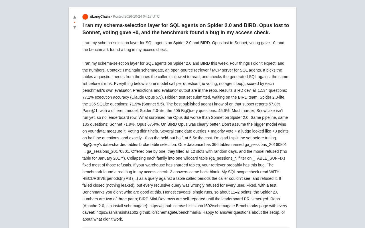 SQL Agent Schema Selection Layer Tested: Opus Loses to Sonnet, Voting Yields Zero Gain