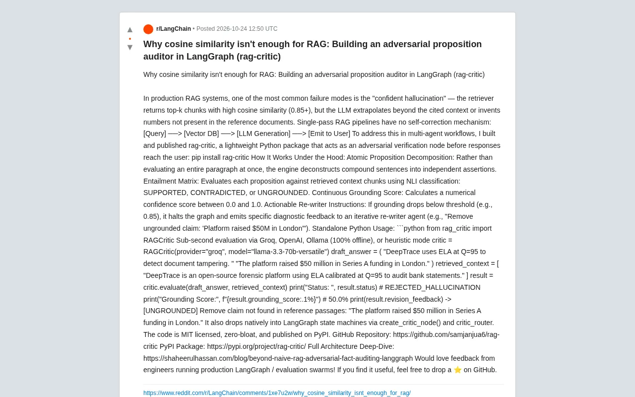 Cosine Similarity Isn't Enough: rag-critic, an Adversarial Fact Auditor for LangGraph